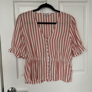 Madewell White and Coral Striped Puffy Sleeve Blouse